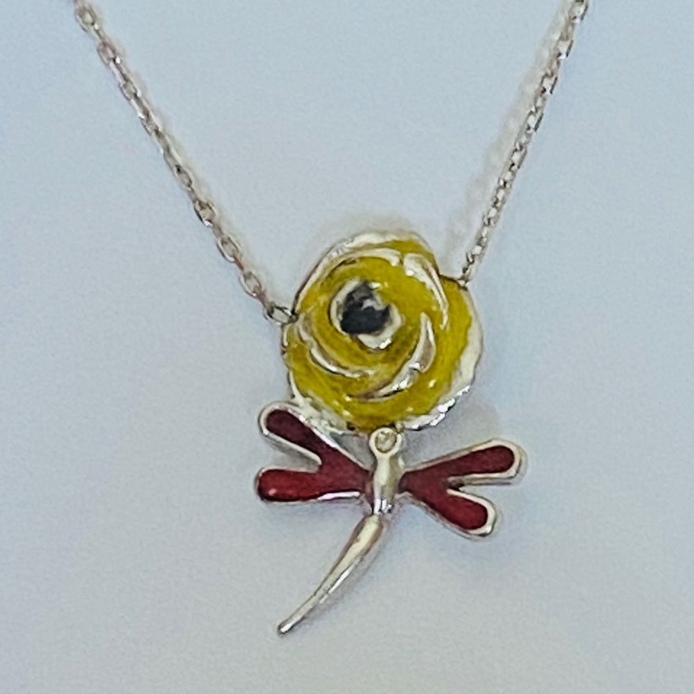 🌹 925 silver yellow rose necklace handmade enamel